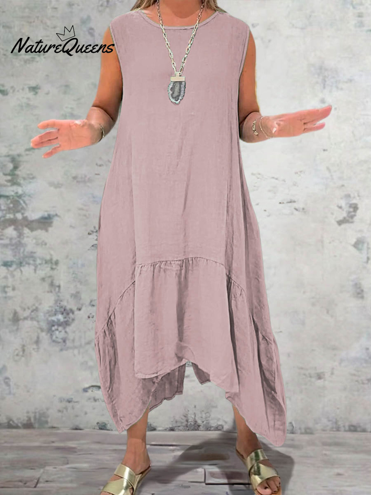 Women's Round Neck Solid Pocket Sleeveless Linen Dress