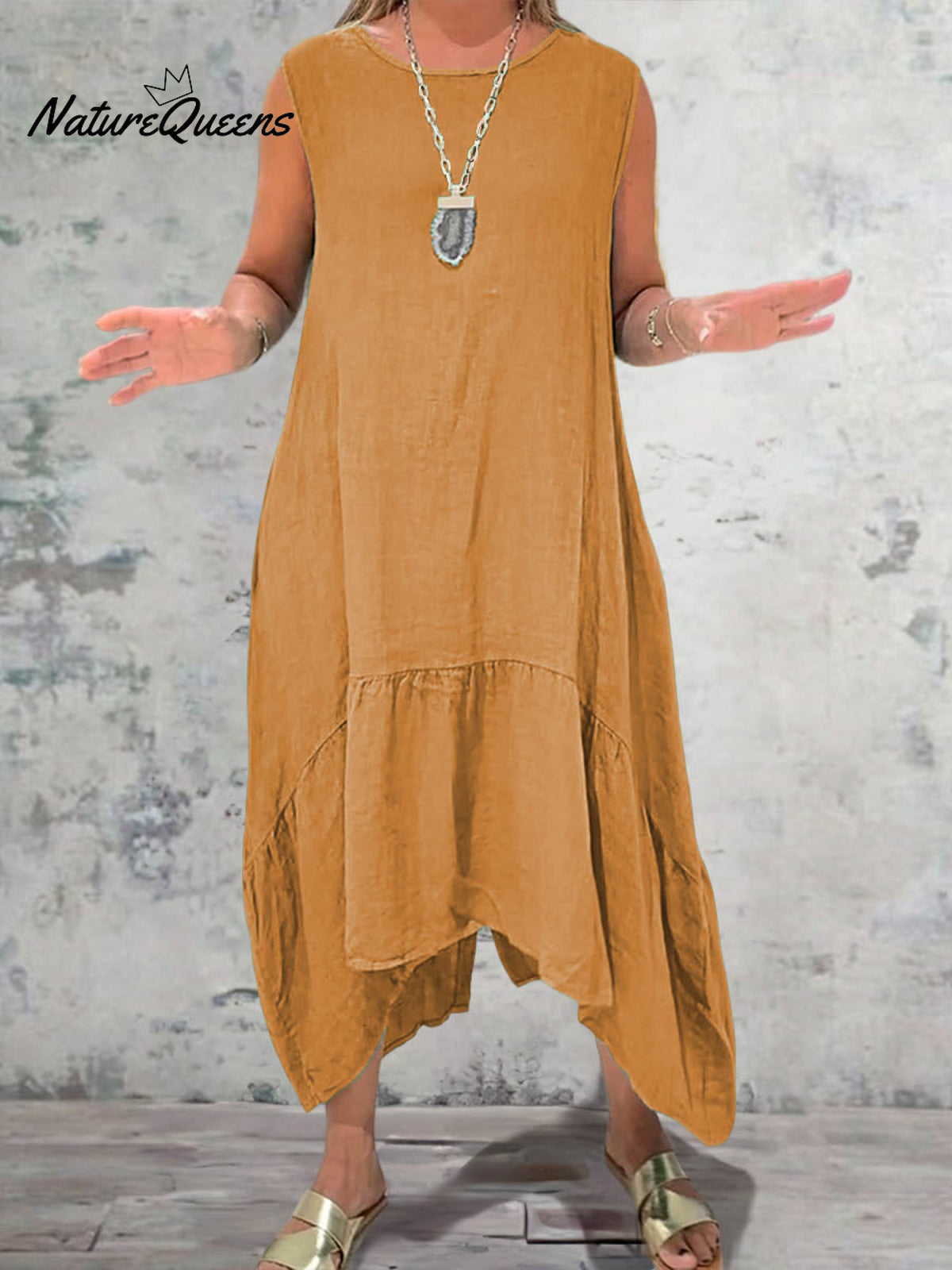 Women's Round Neck Solid Pocket Sleeveless Linen Dress