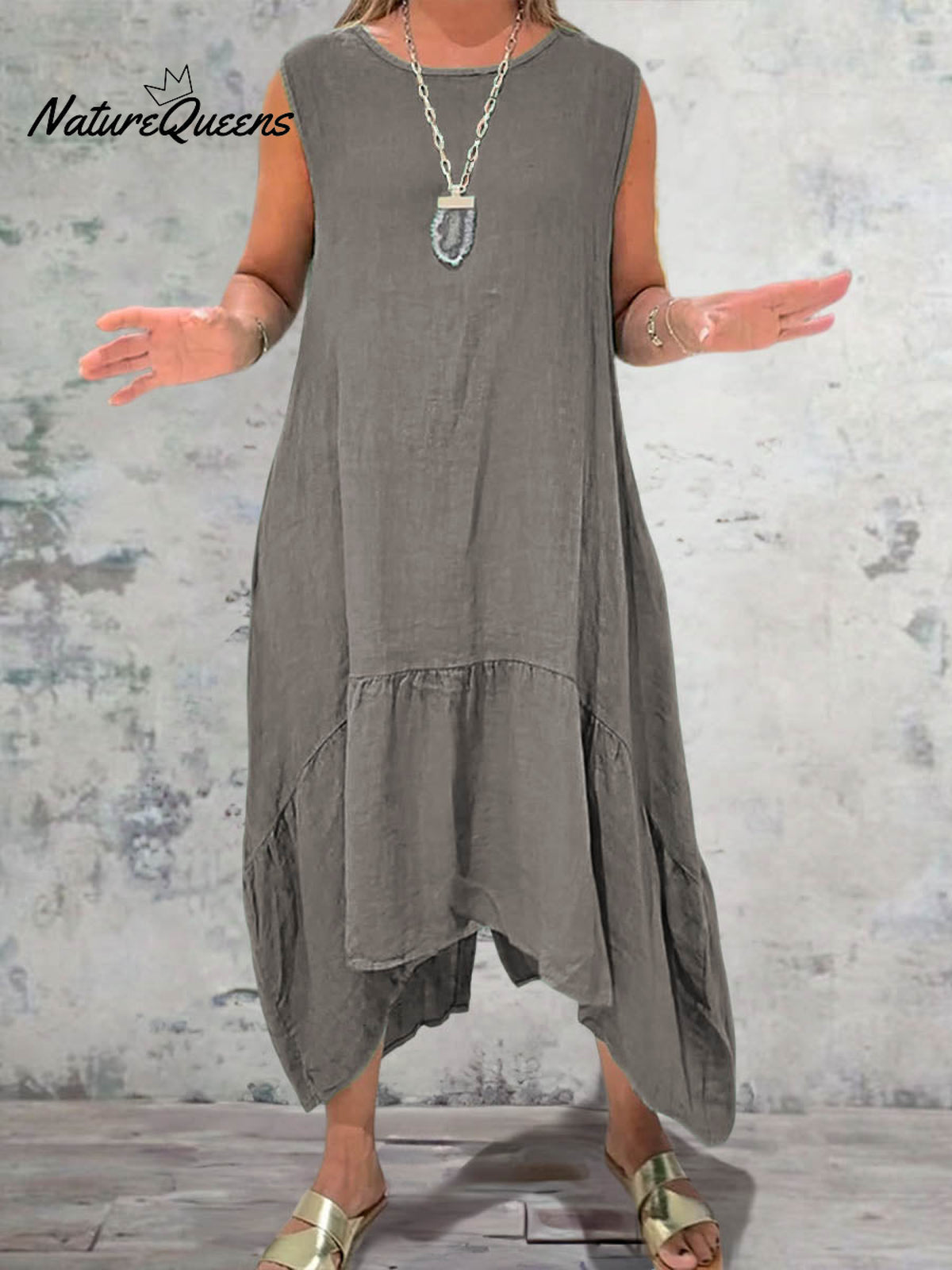 Women's Round Neck Solid Pocket Sleeveless Linen Dress