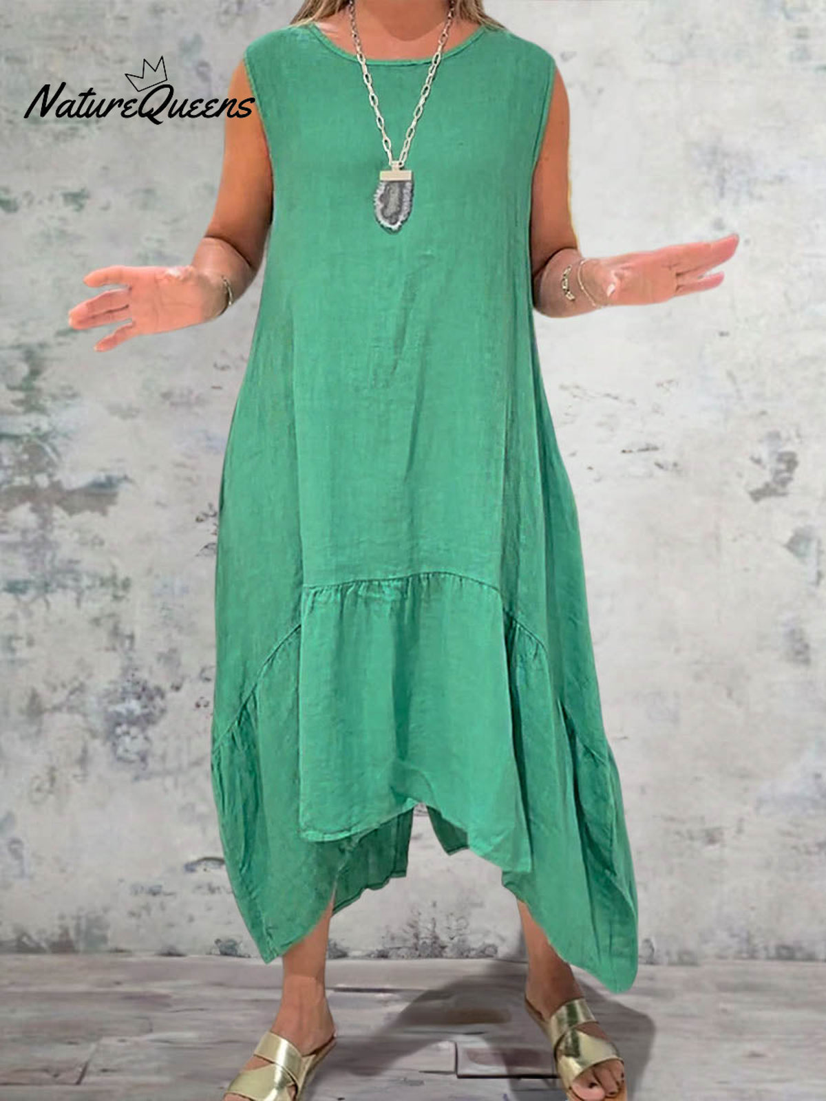 Women's Round Neck Solid Pocket Sleeveless Linen Dress