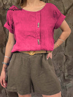 Ladies Round Neck Solid Color Casual Linen Short Sleeve Shirt