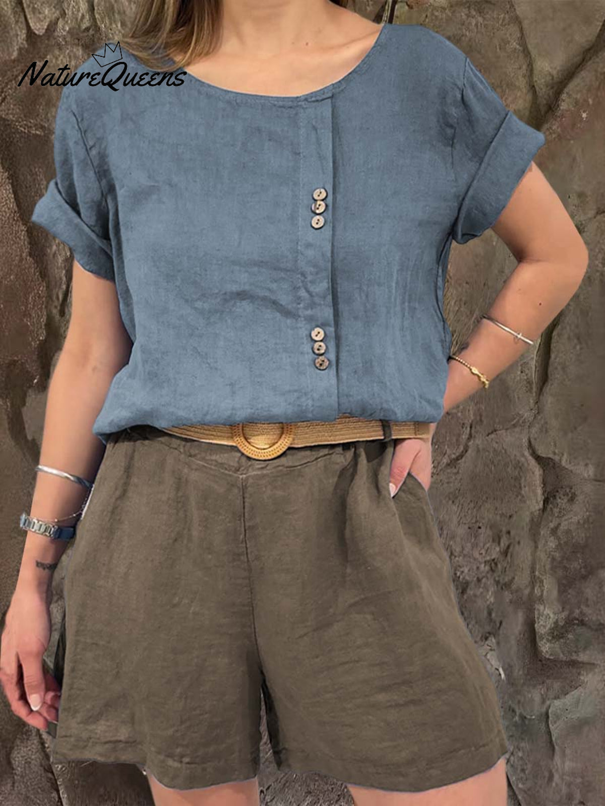 Ladies Round Neck Solid Color Casual Linen Short Sleeve Shirt