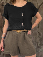 Ladies Round Neck Solid Color Casual Linen Short Sleeve Shirt