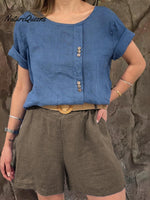Ladies Round Neck Solid Color Casual Linen Short Sleeve Shirt