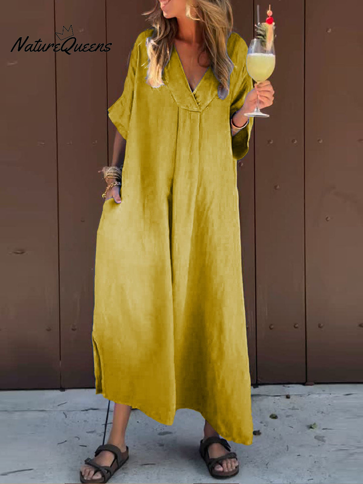 Women's Solid V Neck Pocket Casual Cotton Dress