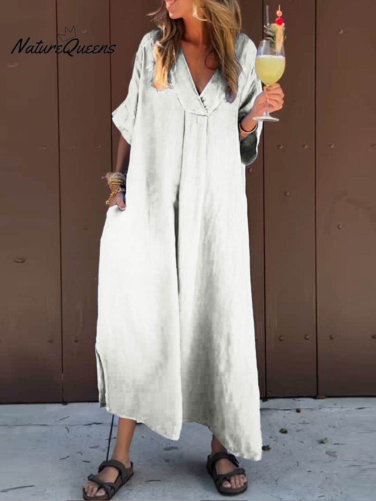 Women's Solid V Neck Pocket Casual Cotton Dress