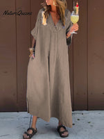 Women's Solid V Neck Pocket Casual Cotton Dress