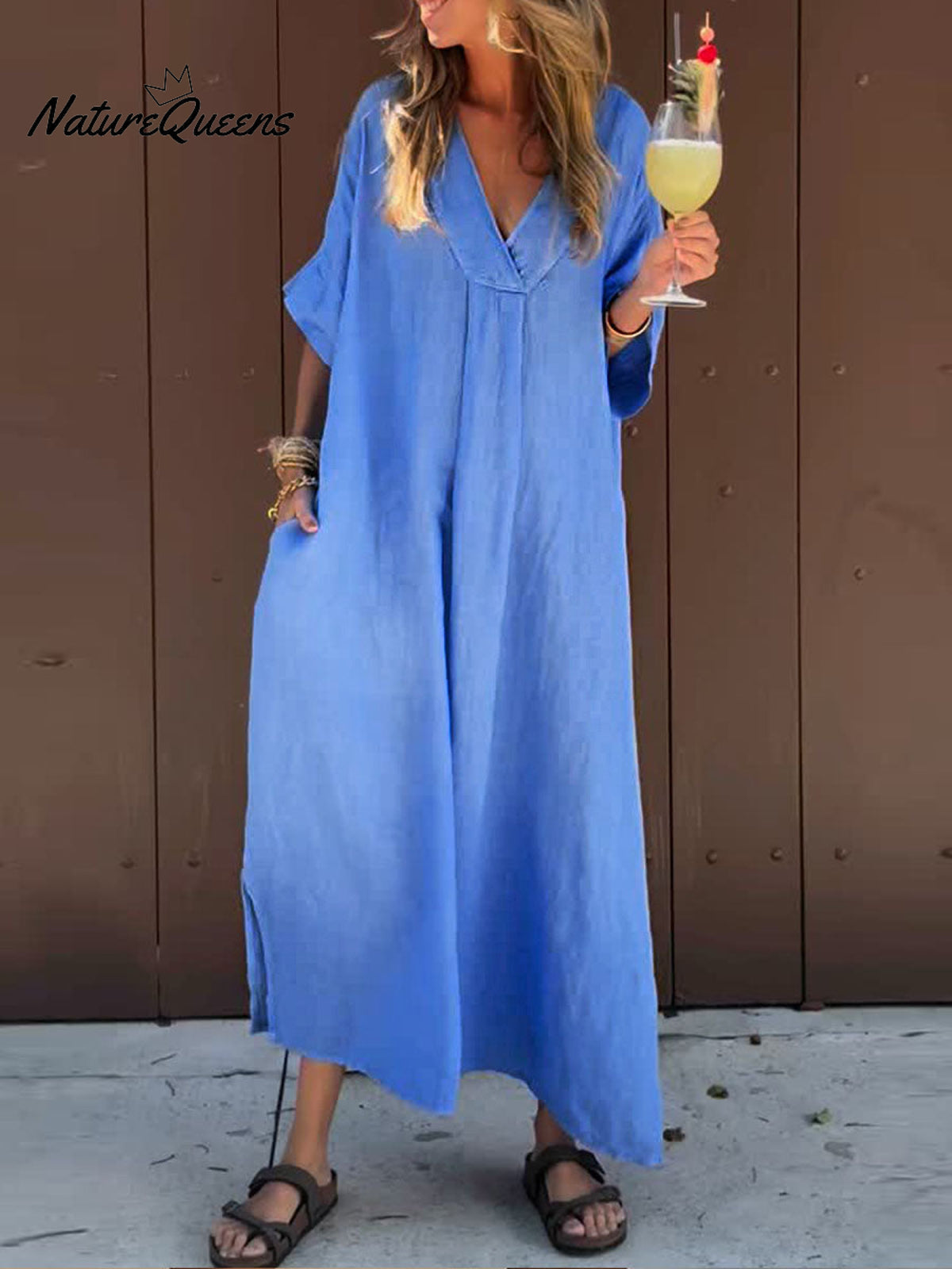 Women's Solid V Neck Pocket Casual Cotton Dress