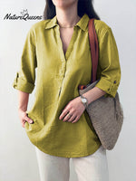 Ladies Solid Color Shirt Collar Three-quarter Sleeves Casual Cotton and Linen Shirt
