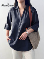 Ladies Solid Color Shirt Collar Three-quarter Sleeves Casual Cotton and Linen Shirt