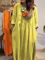 Ladies Solid Color V-Neck Casual 3/4 Sleeves Long Cotton and Linen Dress