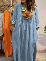 Ladies Solid Color V-Neck Casual 3/4 Sleeves Long Cotton and Linen Dress