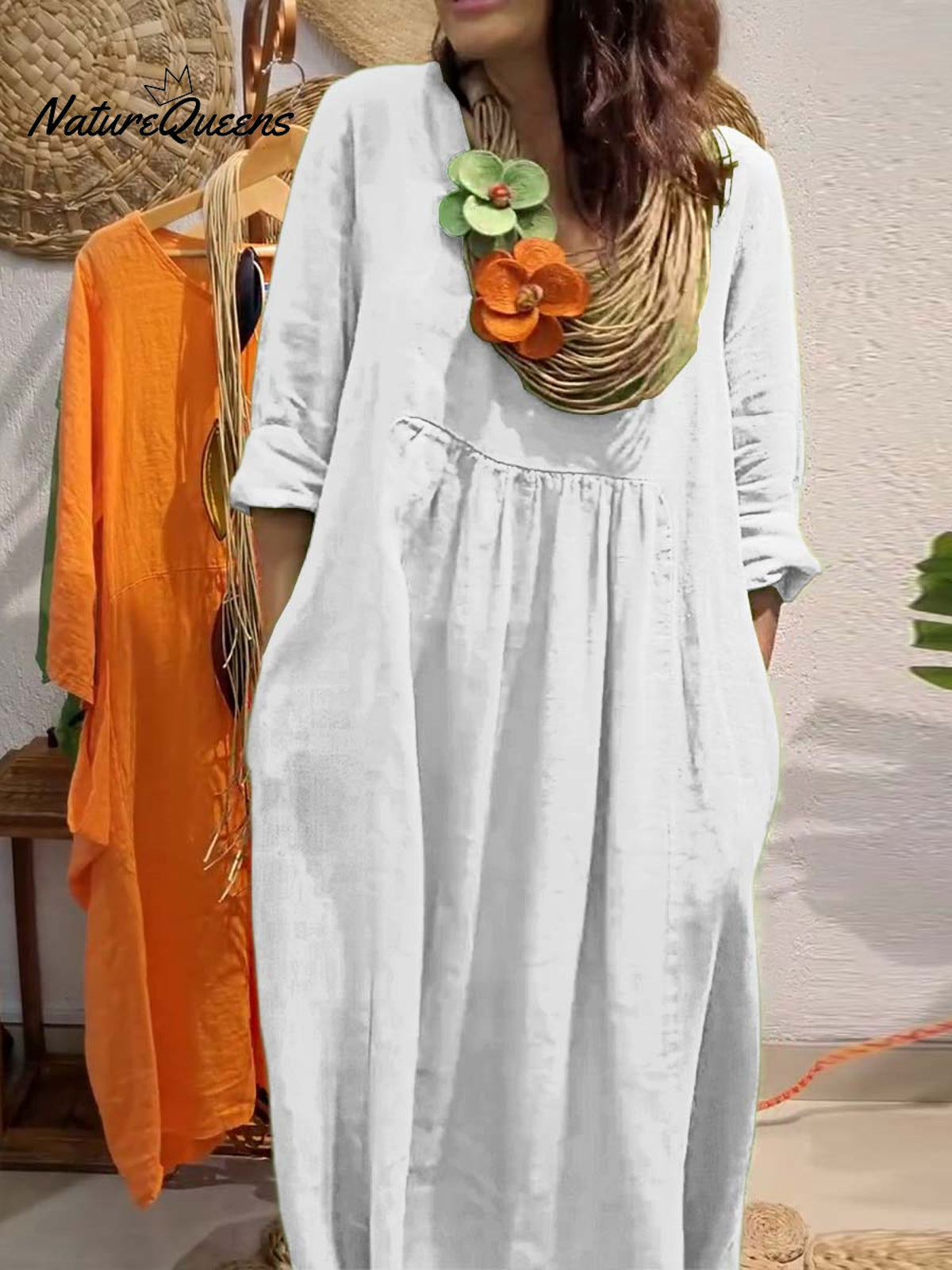 Ladies Solid Color V-Neck Casual 3/4 Sleeves Long Cotton and Linen Dress