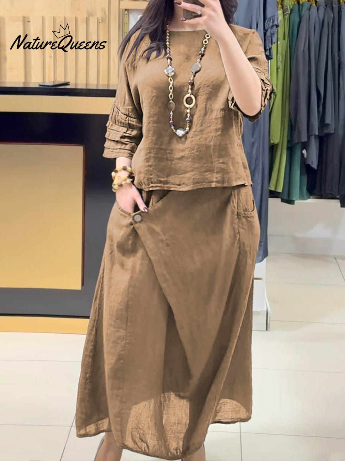 Ladies Solid Color Round Neck Casual Skirt Linen Two-piece Suit