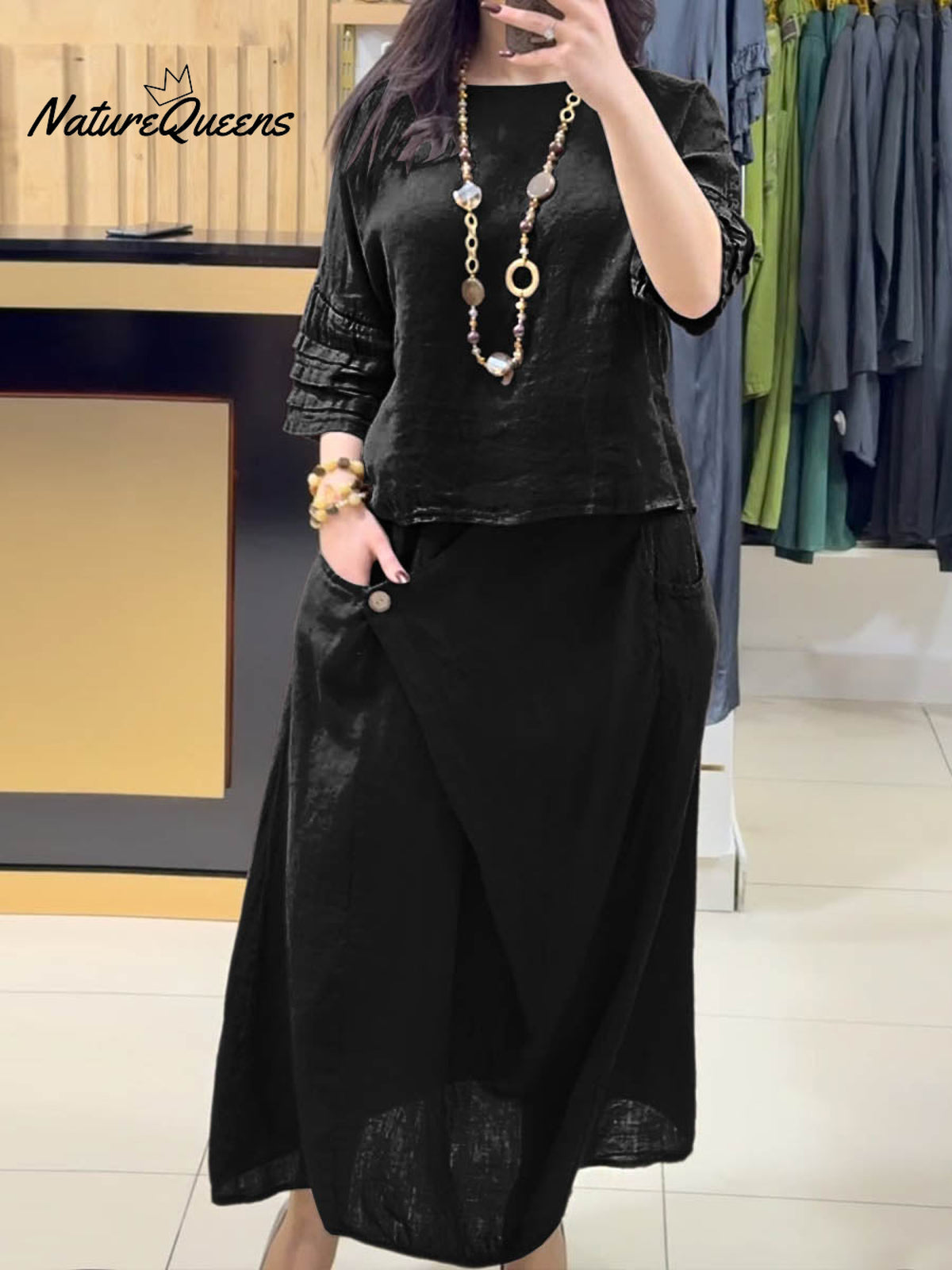 Ladies Solid Color Round Neck Casual Skirt Linen Two-piece Suit