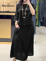 Ladies Solid Color Round Neck Casual Skirt Linen Two-piece Suit