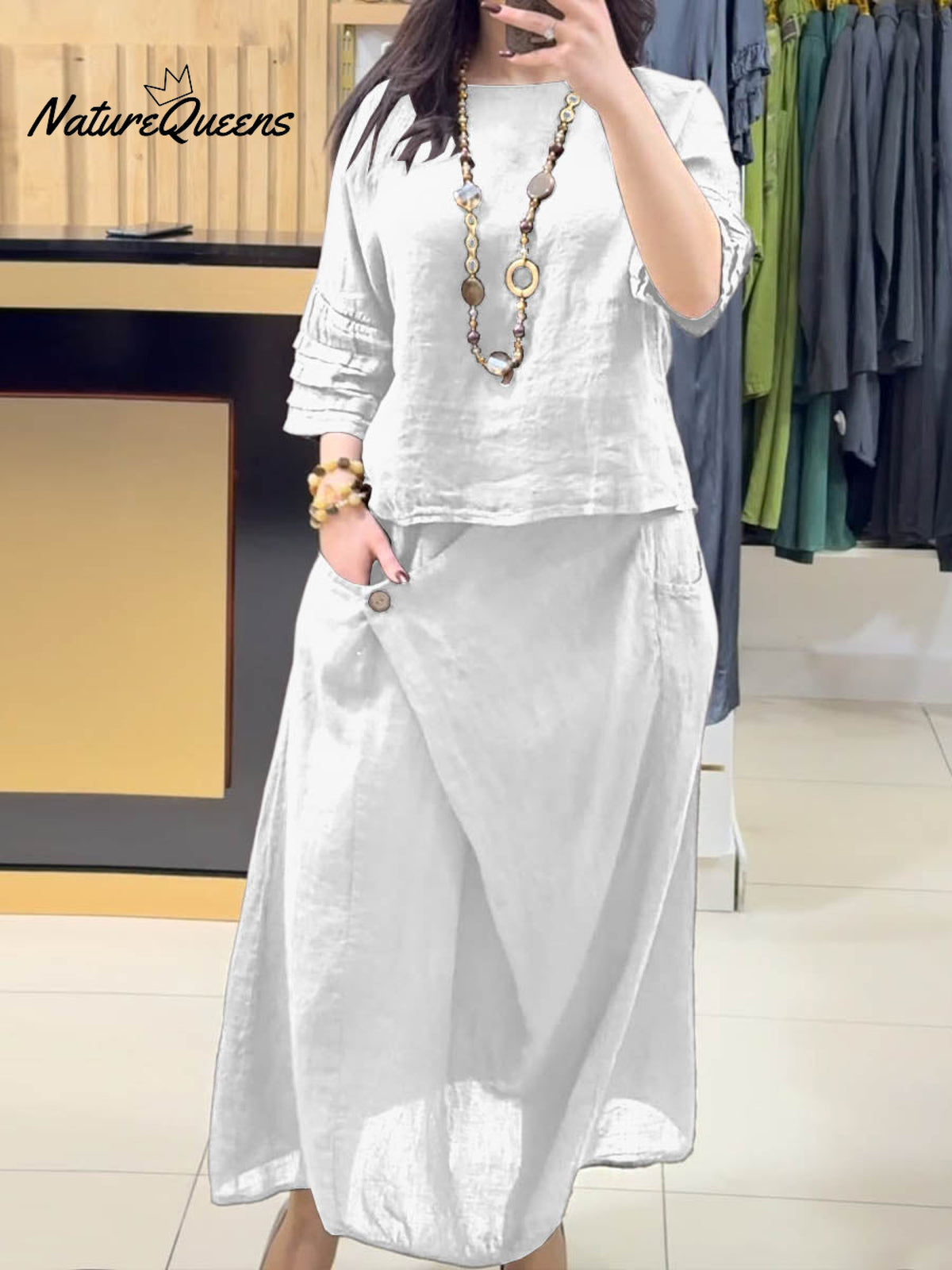 Ladies Solid Color Round Neck Casual Skirt Linen Two-piece Suit