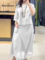 Ladies Solid Color Round Neck Casual Skirt Linen Two-piece Suit