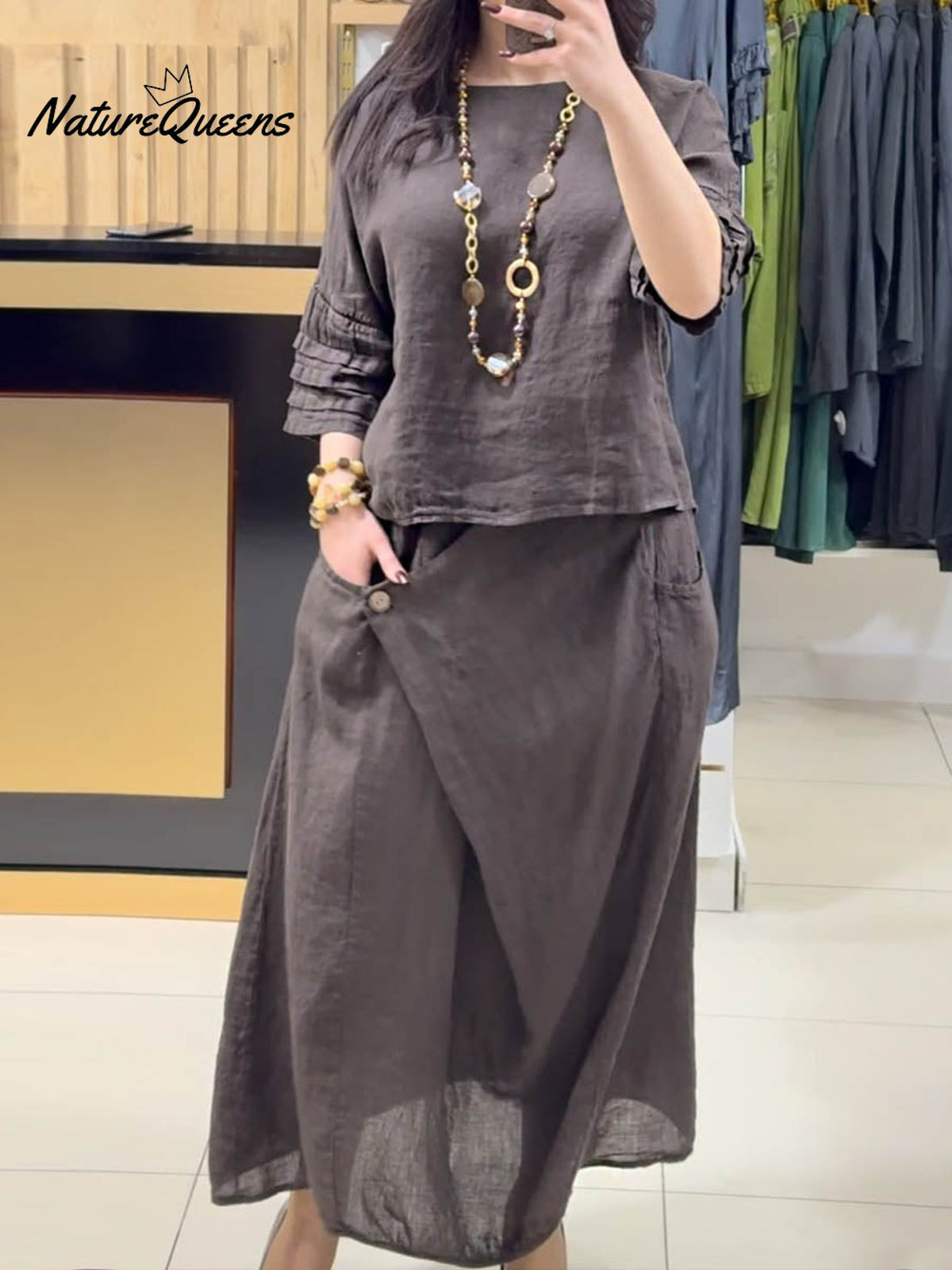 Ladies Solid Color Round Neck Casual Skirt Linen Two-piece Suit