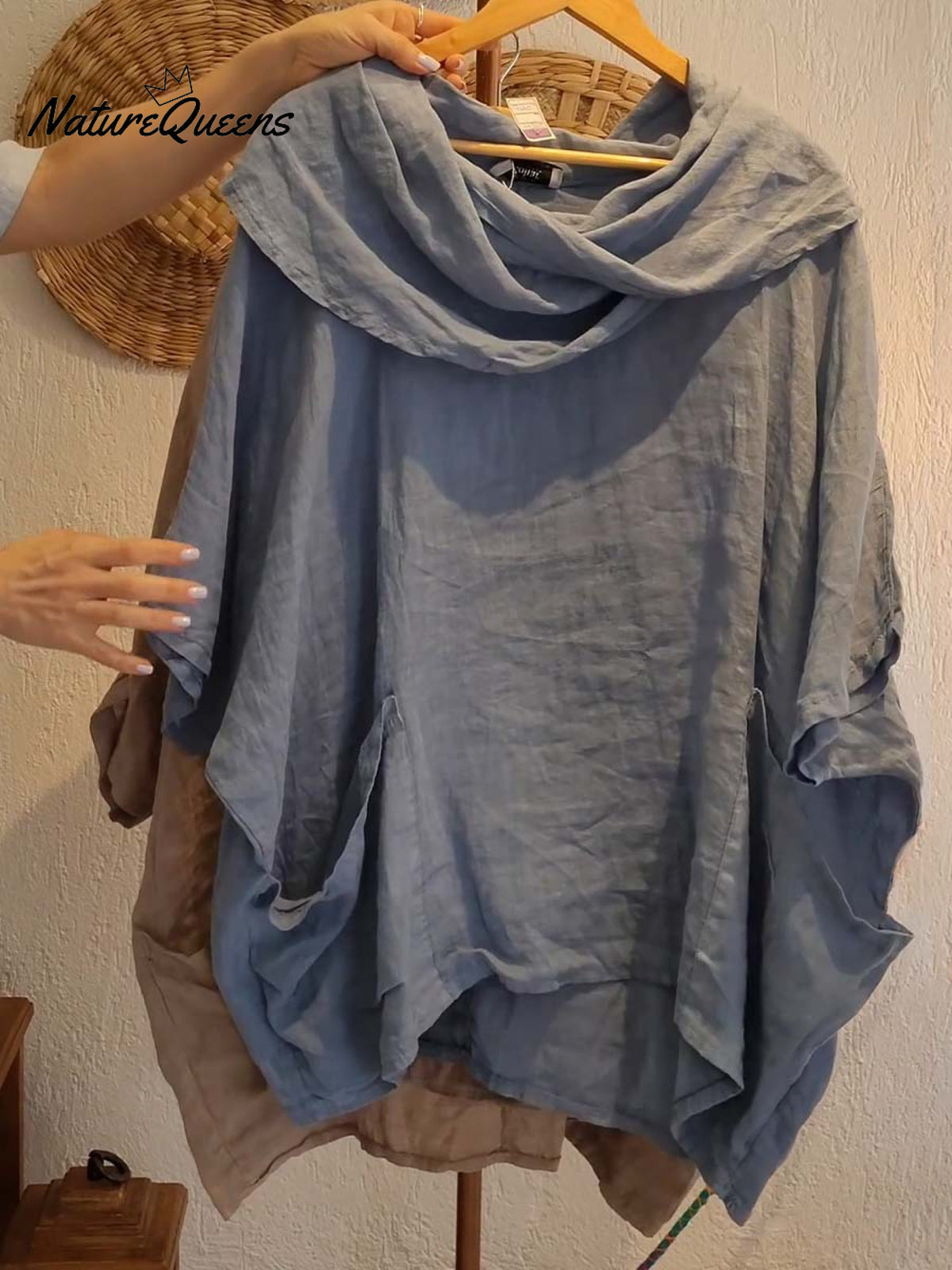 Women's Solid Color Draped Neck 3/4 Sleeve Comfortable Casual Linen Pocket Top