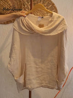 Women's Solid Color Draped Neck 3/4 Sleeve Comfortable Casual Linen Pocket Top