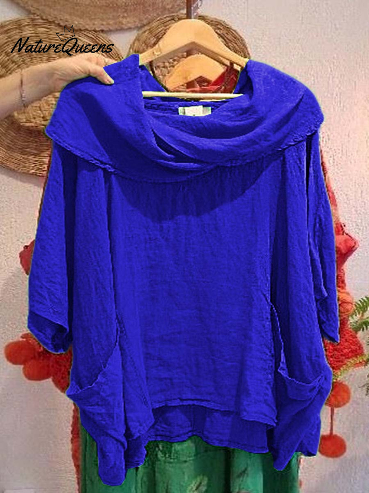 Women's Solid Color Draped Neck 3/4 Sleeve Comfortable Casual Linen Pocket Top
