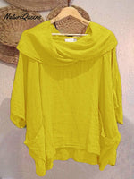 Women's Solid Color Draped Neck 3/4 Sleeve Comfortable Casual Linen Pocket Top