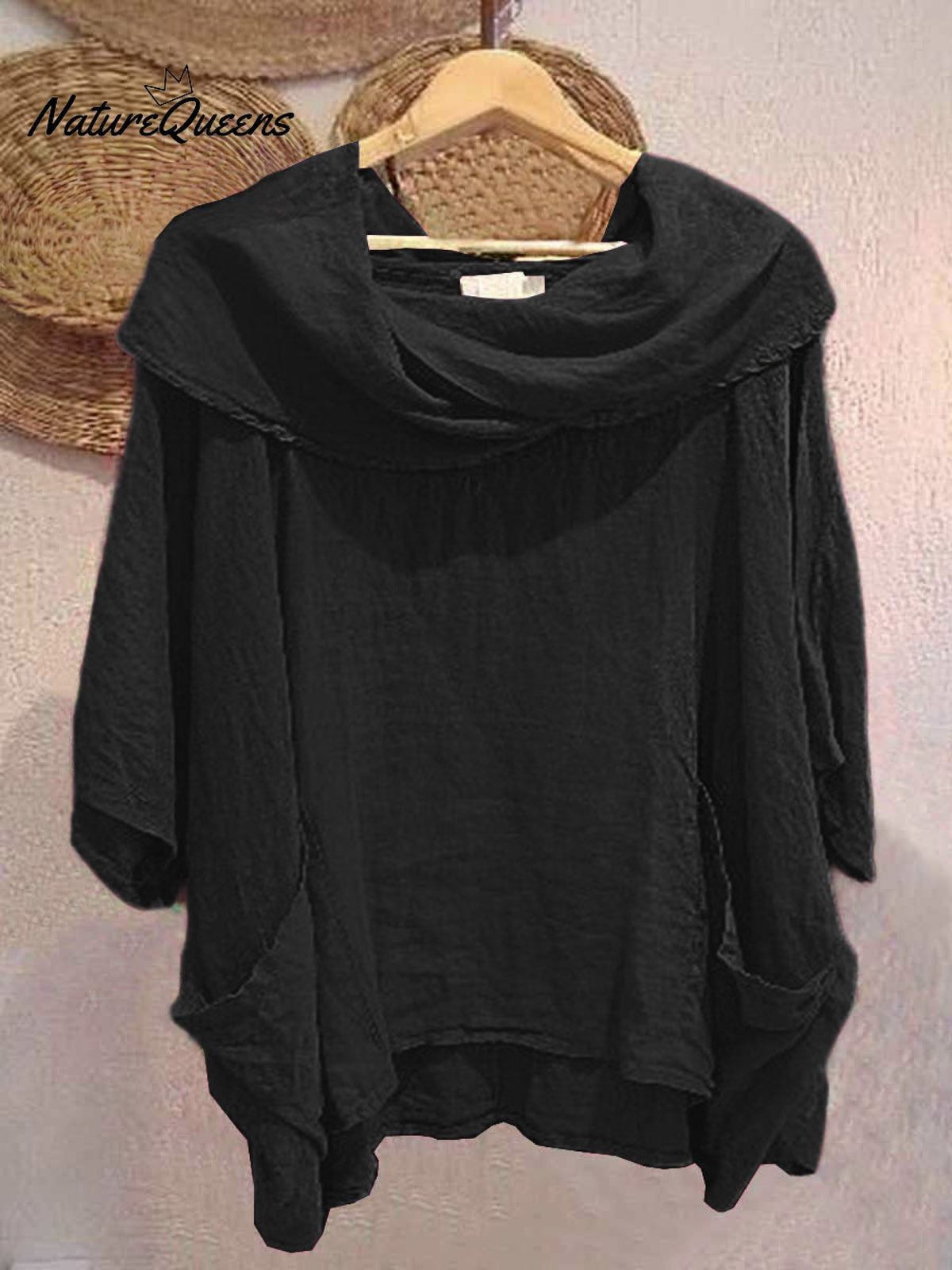 Women's Solid Color Draped Neck 3/4 Sleeve Comfortable Casual Linen Pocket Top