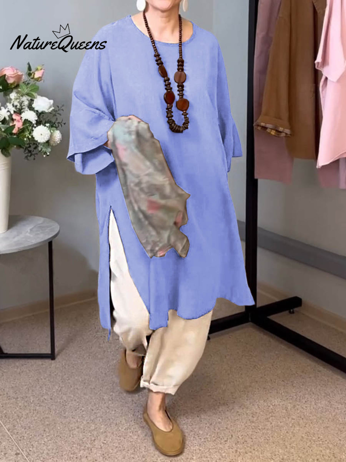 Women's Solid Color Round Neck 3/4 Sleeves Casual Linen Slit Long Top