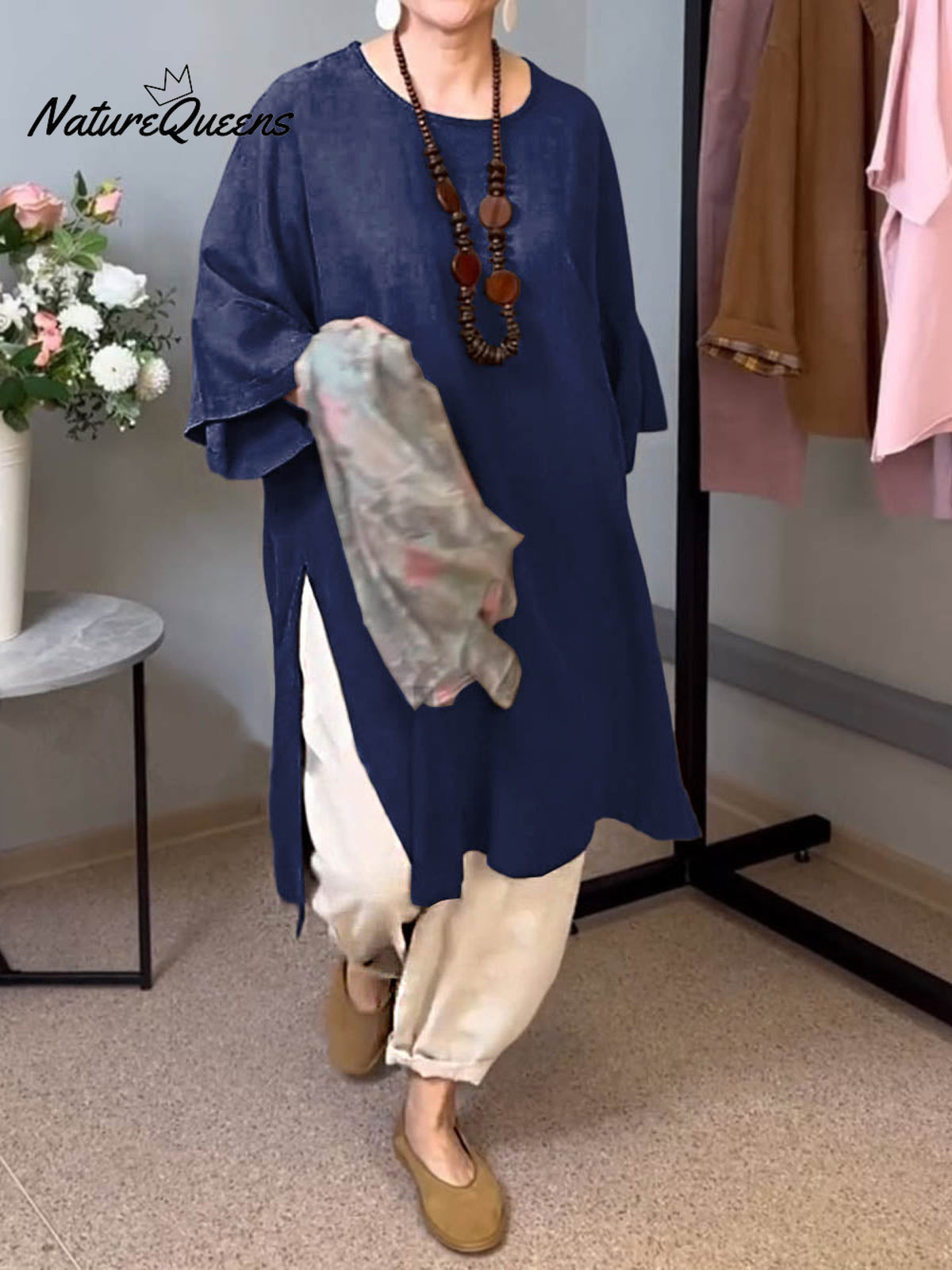 Women's Solid Color Round Neck 3/4 Sleeves Casual Linen Slit Long Top