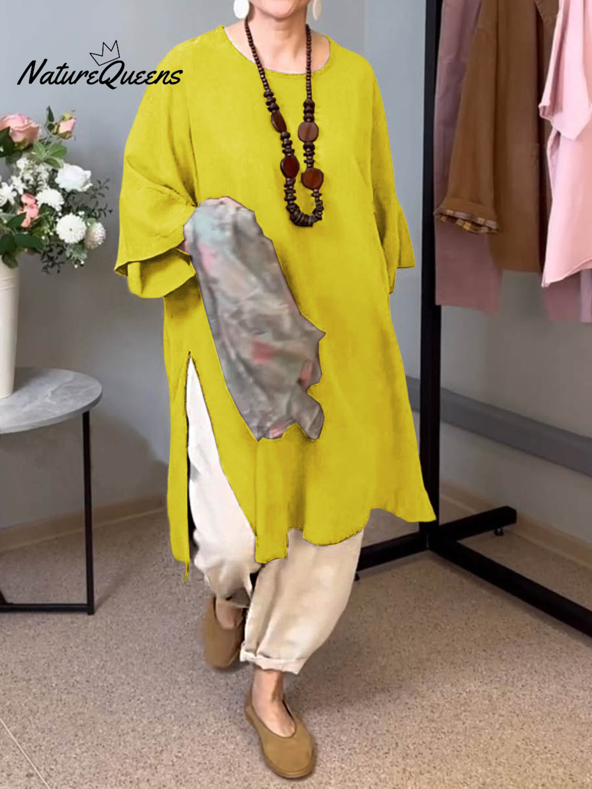 Women's Solid Color Round Neck 3/4 Sleeves Casual Linen Slit Long Top