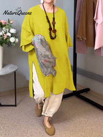 Women's Solid Color Round Neck 3/4 Sleeves Casual Linen Slit Long Top