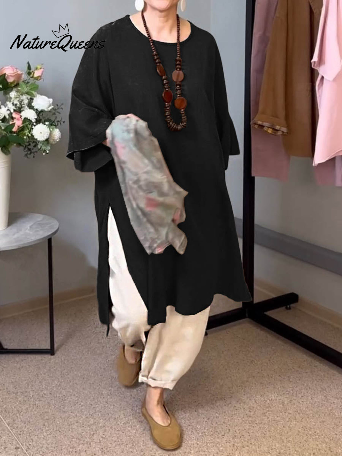 Women's Solid Color Round Neck 3/4 Sleeves Casual Linen Slit Long Top