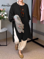 Women's Solid Color Round Neck 3/4 Sleeves Casual Linen Slit Long Top