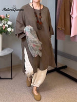 Women's Solid Color Round Neck 3/4 Sleeves Casual Linen Slit Long Top