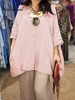 Women's Solid Color Shirt Collar Batwing Sleeves Loose Casual Pockets Linen Shirt