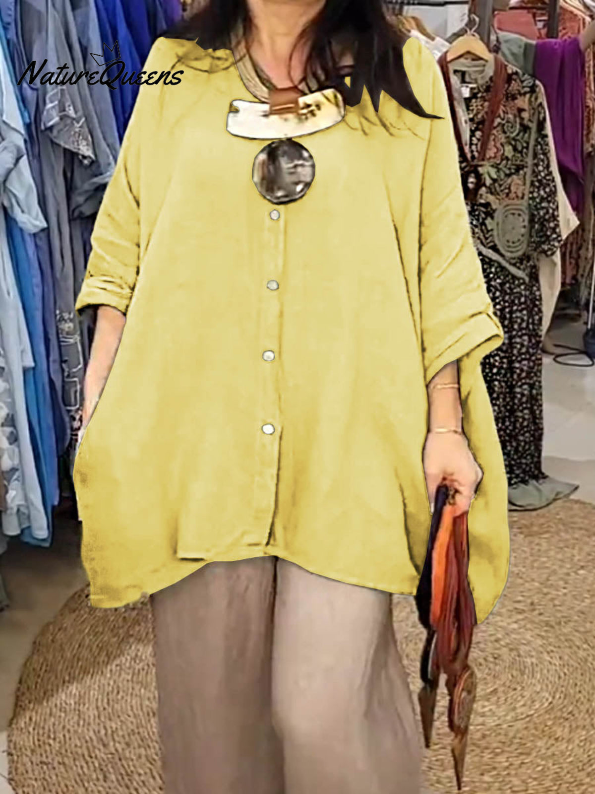 Women's Solid Color Shirt Collar Batwing Sleeves Loose Casual Pockets Linen Shirt