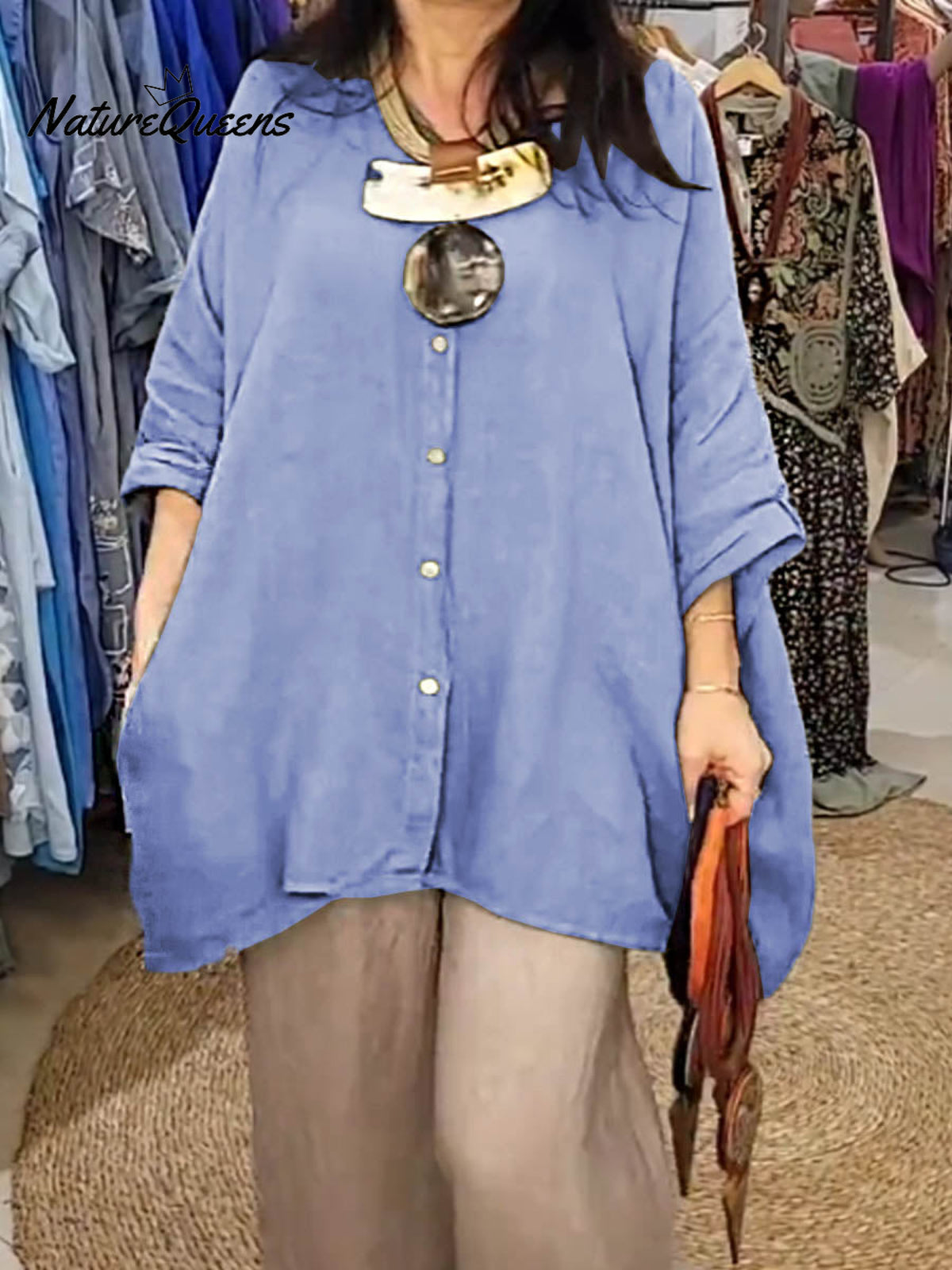 Women's Solid Color Shirt Collar Batwing Sleeves Loose Casual Pockets Linen Shirt