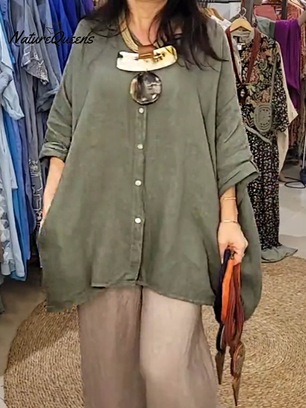 Women's Solid Color Shirt Collar Batwing Sleeves Loose Casual Pockets Linen Shirt