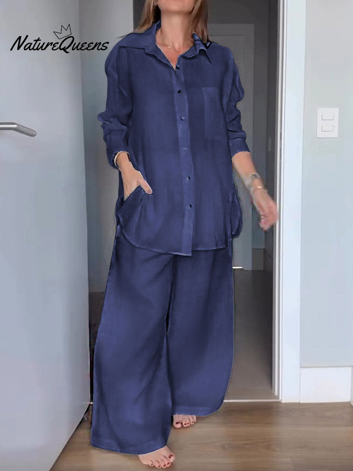 Women Solid Color Lapel Long Sleeve Cardigan Shirt High Waist Pocket Wide Leg Pants Set