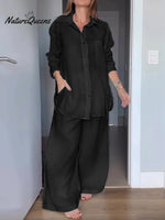 Women Solid Color Lapel Long Sleeve Cardigan Shirt High Waist Pocket Wide Leg Pants Set