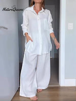 Women Solid Color Lapel Long Sleeve Cardigan Shirt High Waist Pocket Wide Leg Pants Set