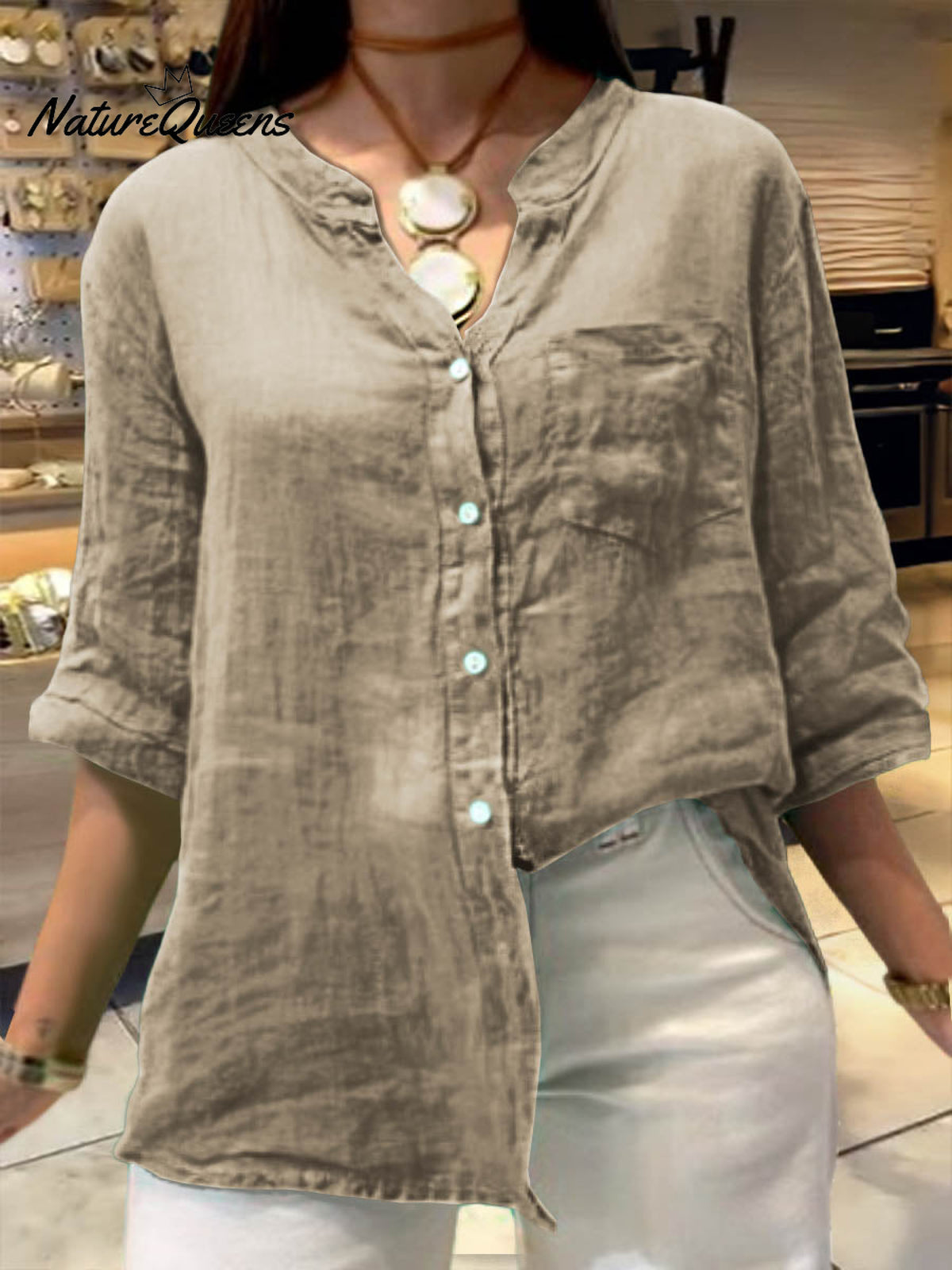 Women's Solid Color V-Neck 3/4 Sleeves Pockets Loose Casual Linen Shirt