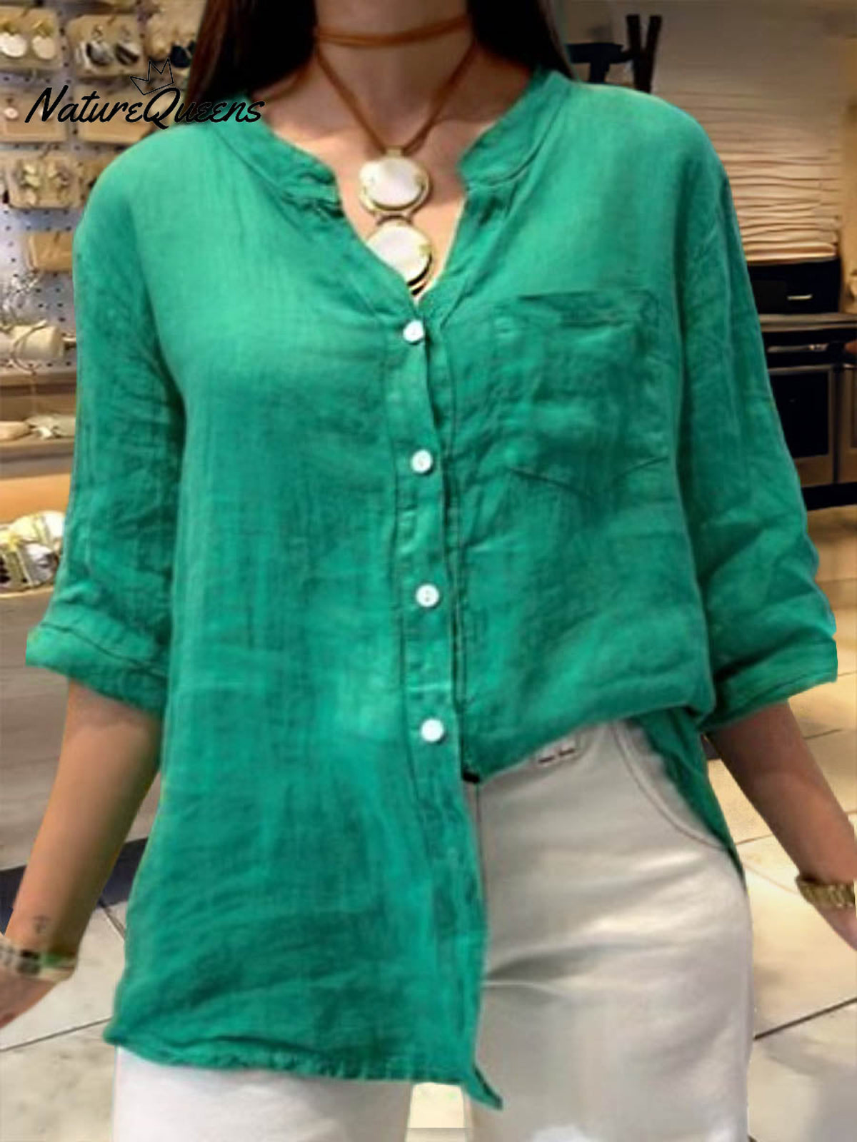 Women's Solid Color V-Neck 3/4 Sleeves Pockets Loose Casual Linen Shirt