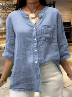 Women's Solid Color V-Neck 3/4 Sleeves Pockets Loose Casual Linen Shirt