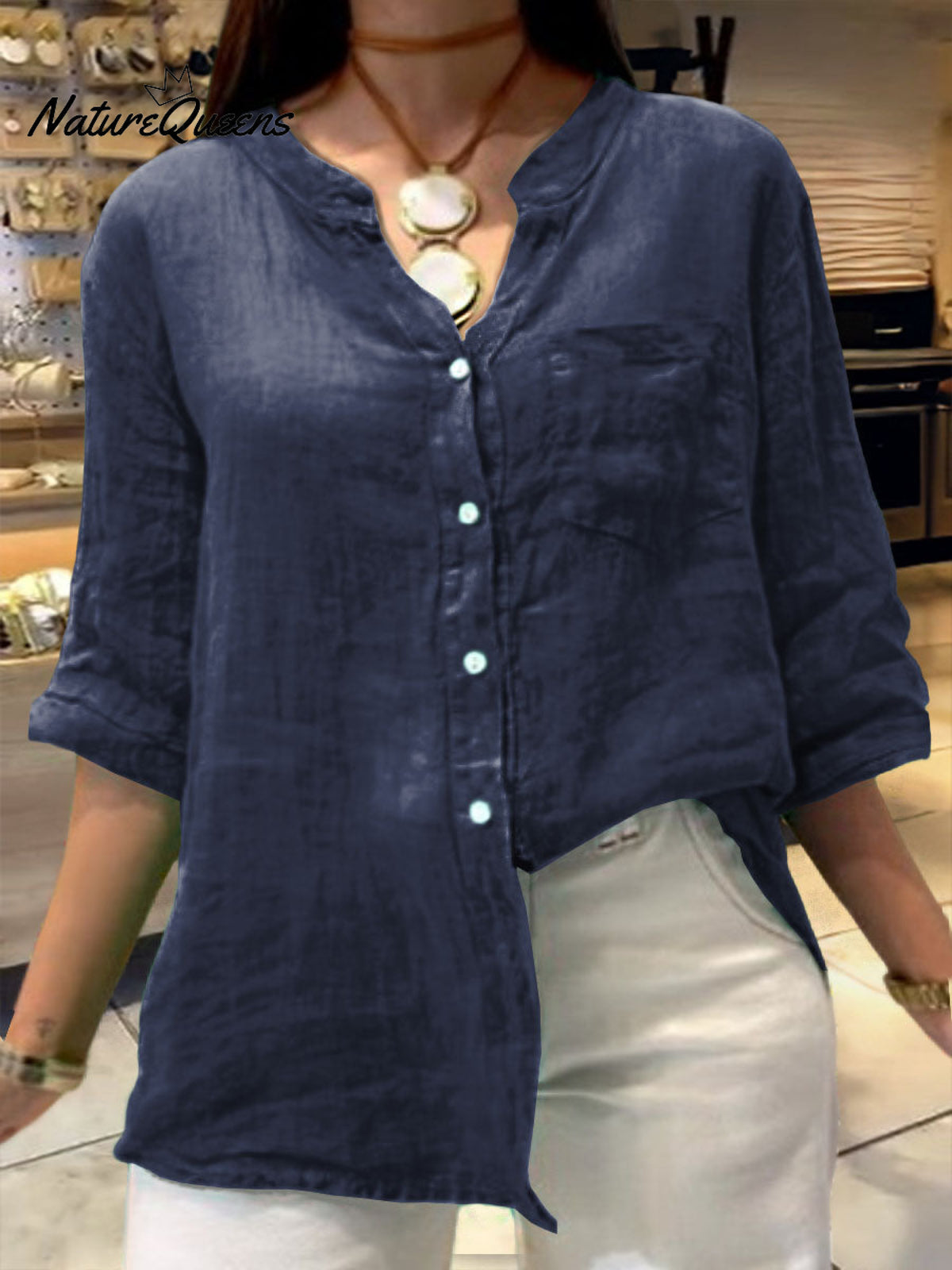 Women's Solid Color V-Neck 3/4 Sleeves Pockets Loose Casual Linen Shirt