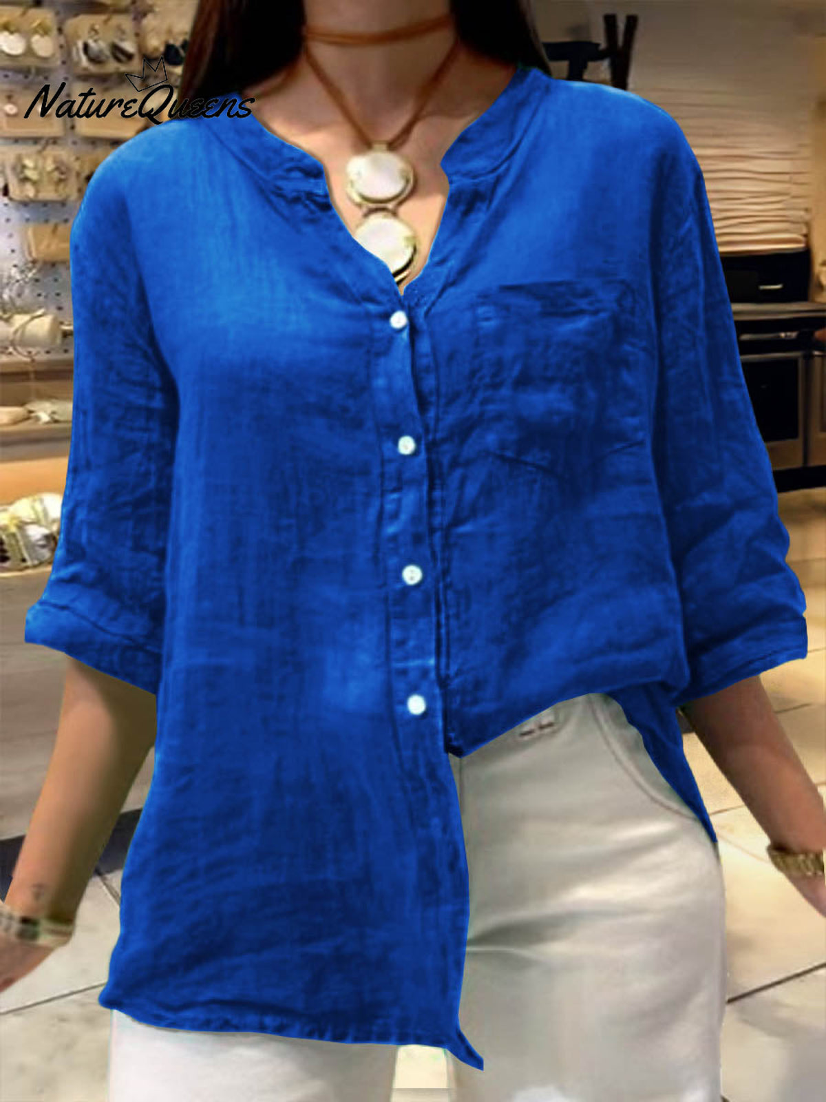 Women's Solid Color V-Neck 3/4 Sleeves Pockets Loose Casual Linen Shirt