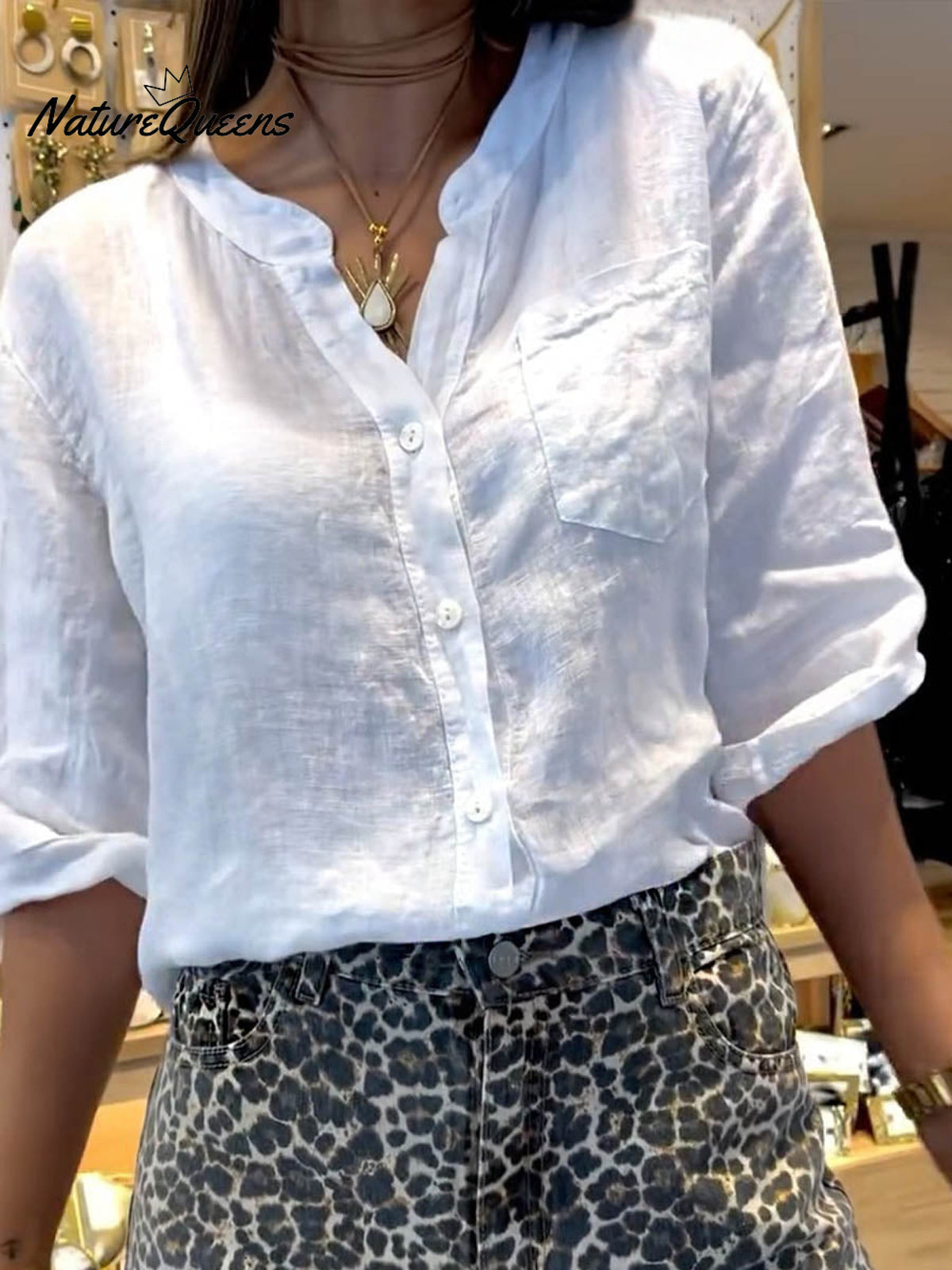 Women's Solid Color V-Neck 3/4 Sleeves Pockets Loose Casual Linen Shirt