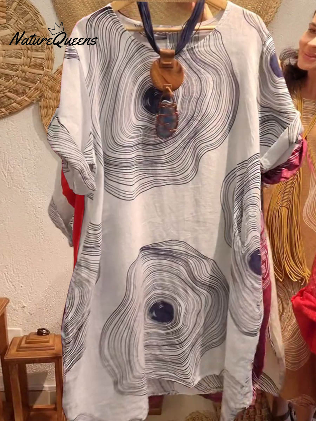 Women's Crew Neck Abstract Print 3/4 Sleeve Casual Linen Pocket Dress