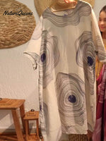 Women's Crew Neck Abstract Print 3/4 Sleeve Casual Linen Pocket Dress